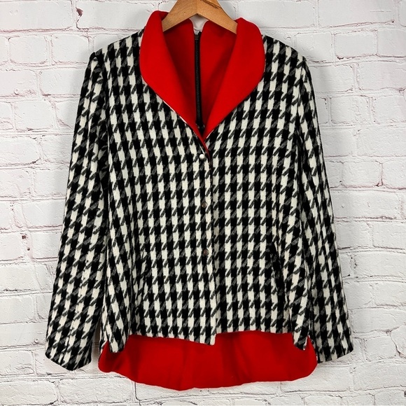 Women’s Black White Houndstooth Jacket pea coat Red fleece lining size small - Picture 2 of 15